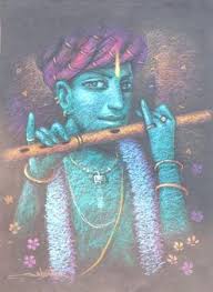 Krishna Playing Flute Hindu God Figurative Pastel In Blue Purple Brown By Artist Subrata Das Gallery Kolkata Indian Paintings Artist Kanvas Art