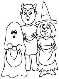 Illustration featuring kids wearing different halloween costumes. Trick Or Treat Coloring Pages Coloring Home