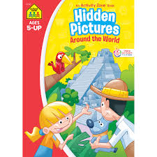 The find hidden objects in pictures printable themes include: Hidden Pictures Around The World Activity Zone Workbook Develops Observation Skills School Zone Publishing