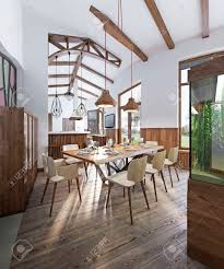 We hope you find your inspiration here. Dining Room With Large Dining Table And High Ceilings In The Loft Dining Smoothly Into The Kitchen 3d Render Stock Photo Picture And Royalty Free Image Image 60565143