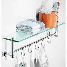 Bathroom shelving units help save space and with our selection, you'll find the best fit for your bathroom. Neu Home Glass Shelf With Chrome Hooks Customer Ratings Reviews Glass Shelves Glass Bathroom Small Bathroom Decor