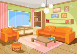 Red sofa, chest of drawers, window with bright light from it and yellow curtains, carpet, shelves and a picture on the wall. Illustration Of A Cozy Cartoon Interior Of A Home Room A Living Stock Photo Picture And Royalty Free Image Image 95071207