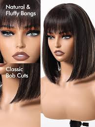 Allbell Feminino Bob Perucas para Perucas Pretas Curtas com Franja Cabelo  Preto Misturado Loira Destaques Resistente Ao Calor Peruca Sintética Peruca  de Natal