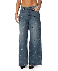 Edikted Lucille Low Rise Satin Bow Jeans in Light Blue
