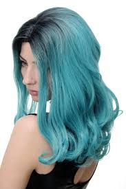 To achieve this hairdo, a base color of turquoise is applied, with top sections and face framing pieces bleached and dyed a bright silver shade. Gfw1828 T5126 Ombre Stunning Lady Quality Wig Long Slight Wave Middle Parting Ombre Black Turquoise
