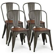 Highland commercial grade indoor metal dining chair with pine wood seat, matt gunmental color. Buy Costway 18 Inch Dining Chair Set Of 4 Industrial Vintage Stackable Metal Chairs Counter Bar Chairs With High Backrest Wood Seat For Home Kitchen And Cafe Bar Use Online In Indonesia B07p24h1s6
