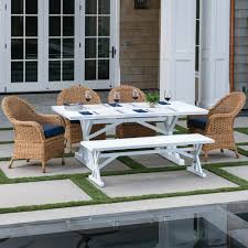 Royal Garden St Martin White And Aluminum 6 Piece Wicker Outdoor Dining Set With Blue Cushions Smtwbh604 The Home Depot Outdoor Dining Set Dining Set With Bench Patio Dining Set