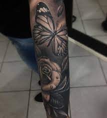 Tattoo Black And Grey Butterfly Rose Borboleta Rosa Tatuador Droman Marcos Orcam Butterfly Sleeve Tattoo Black And Grey Tattoos Forearm Cover Up Tattoos