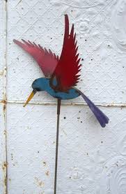 New metal yard art kinetic garden sculpture 2 painted. Recycled Metal Hummingbird Garden Stake Lawn Ornament