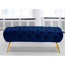 Blue Navy Velvet All Over Tufted Ottoman Bench Gold Pencil Legs Blue And Gold Bedroom Blue And Gold Living Room Navy Gold Bedroom