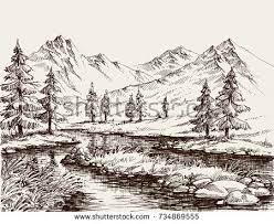 A River In The Mountains Sketch Landscape Sketch Landscape Drawings Mountain Sketch