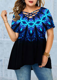 Plus Size Lattice Front Tribal Print Blouse Modlily Com Usd 28 41