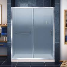 Infinity Z 30 Inch D X 60 Inch W Frosted Shower Door In Chrome And Left Drain Biscuit Base Shower Doors Frameless Sliding Shower Doors Frosted Shower Doors
