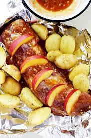 For great flavor, make a paste of oil, garlic, herbs, lemon zest, and spices. Grilled Peach Glazed Pork Tenderloin Foil Packet With Potatoes