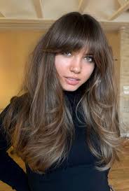 50 Long Fringe Hairstyles: Feathered Wispy Fringe with Ash Brunette Layers