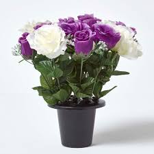 My easy tutorial for diy cemetery flowers will help you to save lots of money! White Purple Artificial Grave Flowers Roses Rosebuds Mix In Grave Vase