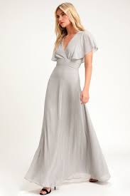 Dearly Loved Light Grey Flutter Sleeve Maxi Dress Mod And Retro Clothing In 2020 Grey Maxi Dress Maxi Dress With Sleeves Light Grey Bridesmaid Dresses