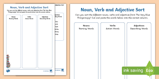 Reinforces knowledge of these four types of words (includes worksheet). Noun Verb And Adjective Sorting Activity To Support Teaching On The Very