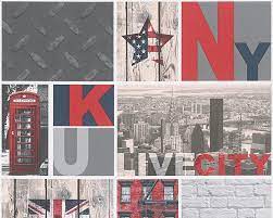 Free delivery on orders over £50/€60 Kids Wallpaper New York Collage Grey Red 95596 1