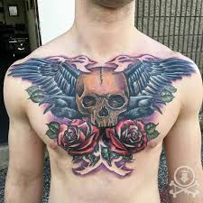 Alex Feliciano Finished This Awesome Skull Roses And Ravens Chest Piece Tattoo 12ozstudios Team1 Tattoos Half Sleeve Tattoos For Guys Chest Piece Tattoos