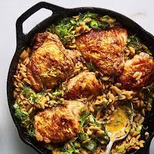 One Skillet Chicken With Buttery Orzo Recipe Recipes Best Chicken Thigh Recipe Chicken Recipes
