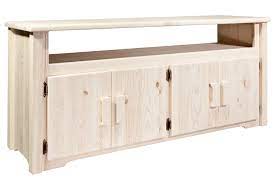 Once completely assembled, the tv stand was stained with our choice of wood stain. Pine Log Furniture Unfinished Homestead Tv Stand Black Forest Decor
