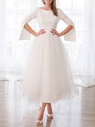 Irenekleider 2019 strand spitze brautkleider. Modernes Brautkleid Midi Satin Tullrock Geschlitzte Armel U Boot Ausschnitt