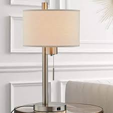 Amazon Com Modern Table Lamp With Hotel Style Usb Charging Port For Bedroom Living Room Bedside Nightstand Home Office 23 H Brushed Steel Finish With Linen Shade Home Improvement