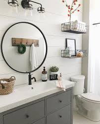 Gray Bathroom Cabinets Farm Sink Round Black Framed Mirror Back Wire Basket S Cottage Bathroom Design Ideas Modern Farmhouse Bathroom Grey Bathroom Cabinets