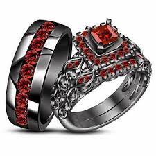 Mens Womens Garnet Wedding Trio Bridal Engagement Ring Set 14k Black Gold Over In 2020 Black Gold Ring Gothic Jewelry Rings Gothic Engagement Ring