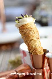 Kanafeh Cones With Tahini Mascarpone Crushed Pistachio Recipe Desserts Middle Eastern Desserts Indian Dessert Recipes