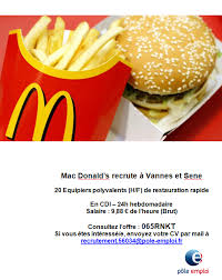 Maybe you would like to learn more about one of these? Pole Emploi Vannes Recrutement Mac Donald Recrute A Vannes Et Sene 20 Equipiers Polyvalents H F De Restauration Rapide Au Sein D Un Restaurant De Type Restauration Rapide Vous Aurez En Charge L Accueil