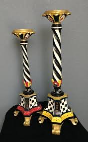 Black And White Candlesticks Tall Candlestickscandle Holderspillar Candle Holderpainted Whimsical Painted Furniture Painted Candlesticks Mackenzie Childs Inspired