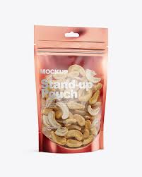 Glossy Transparent Stand Up Pouch With Cashew Nuts Psd Mockup Half Side View Download Packaging Mockup Psd