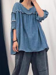 Women Plus Size Tops Summer Spring Soft Tencel Cotton Denim Shirts Ladies Baby Doll Style Frilly Kawaii Blouses Oversized Blouses Shirts Aliexpress