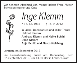 Traueranzeigen von Inge Klemm