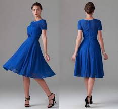 New Royal Blue Vintage Tea Length Lace Mother Of Bride Dresses Short Sleeve Bridal Bridesmaid Party Evening Wedding Gowns Arabic Cheap Casual Mother Of The Brid Tea Length Bridesmaid Dresses Short