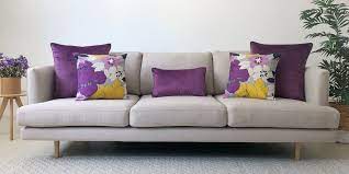 Light grey sofa silent gliss curtains dark blue cushions glass. Grey Sofa With Velvet Purple And Floral Cotton Linen Cushions Kissen Gelbe Polster