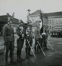 Der eindrucksvolle adler mit eichenlaubkranz und hohheitsabzeichen in sehr schöner erhaltung. Ss Photo With The Deutschland Erwache Standarte Flag Generalassaultmilitaria