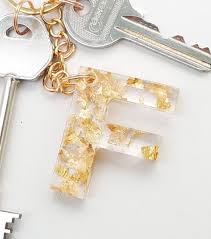 House Keyring House Keys Resin Letter Keyring With Gold Leaf Initial Letter Keychain Gold Leaf Name Keychain House Keyring Resin Diy Diy Resin Art