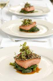 Sesame Crusted Ocean Trout On Choy Sum With Cucumber And Micro Herbs In A Thai Chilli And Mirin Vinaigrette Chef S Pencil Recipe Fine Dining Recipes Seafood Recipes Trout Recipes