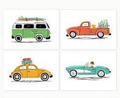 Vintage Car Art Prints Art Print Set Of 4 Car Illustrations Etsy Car Wall Art Car Illustration Surf Trip