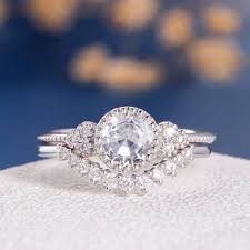 White Sapphire Engagement Ring Set Bridal Set Bezel Set Etsy White Sapphire Engagement Ring Sapphire Engagement Ring Set Vintage Engagement Ring Settings