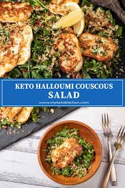 If you have some leftover cauliflower rice then this is a super easy savory recipe that is so delicious. Keto Halloumi Cauliflower Couscous Salad Vegetarian Warm Salad Recipe Recipe Warm Salad Recipes Couscous Salad Recipes Vegetarian Side Dishes
