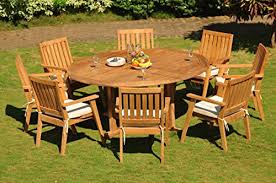 Teakstation 8 Seater Gradea Teak Wood 9 Pc Dining Set 72 Round Dining Table And 8 Palmer Stacking A Patio Furniture Sets Round Dining Table Dining Table Chairs
