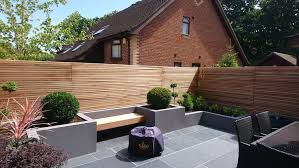 Clipped Box Raised Beds Built In Seating And Slatted Red Cedar Trellis Patio Trellis Patio Seating Area Outdoor Seating Areas