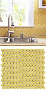 This Yellow Penny Round Tile Creates Such A Bright And Cheerful Look Used Here As A Kitchen Backspl Kitchen Tiles White Kitchen Tiles Kitchen Tiles Backsplash