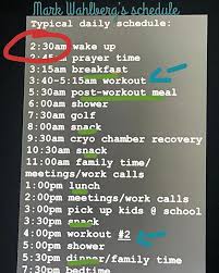 Mark wahlberg shared his ludicrous daily schedule, which involves waking up at 2:30 a.m., three separate snack times for a total of two and a half hours, and 90 minutes in cryo chamber recovery. people posted their own mock daily schedules in response. Have U Seen Mark Wahlbergs Schedule While He Is In Training Its Insane You Dont Have To Get Up At 2 30am In Or Post Workout Food Post Workout Prayer Times