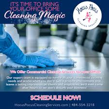 https://www.hocuspocuscleaningservices.com/commercial-cleaning Our commercial  cleaning services ensure your office shines bright without interrupting  your workflow. Hocus Pocus Cleaning offers after-hours services to keep  your space immaculate while ...
