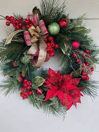 Christmas Wreath Holiday Wreath Red Christmas Wreath Etsy Holiday Wreaths Christmas Flower Decorations Red Christmas Wreath